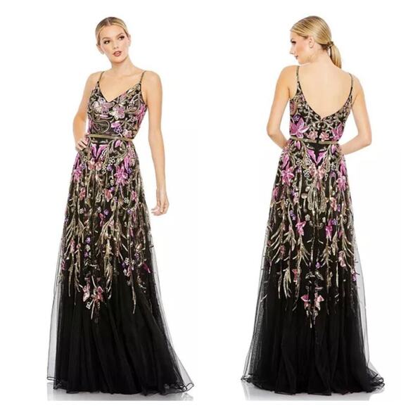 Mac Duggal V Neck Floral Embellished Spaghetti Strap Gown Dress Size 6 NWT - Picture 1 of 13
